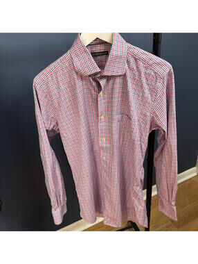 Peter Millar, Blue/Pink Cross Check Button Up Shirt, Mens Medium